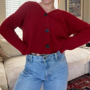 Madewell Red Ribbed V-Neck Button Front Women's Sweater